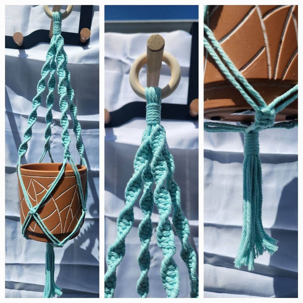 Handmade Homemade Macrame Plant Hanger in Teal Blue